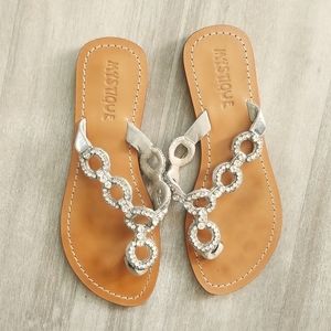 Mystique Diamante Leather Sole Flat Thong Slides Size 7
